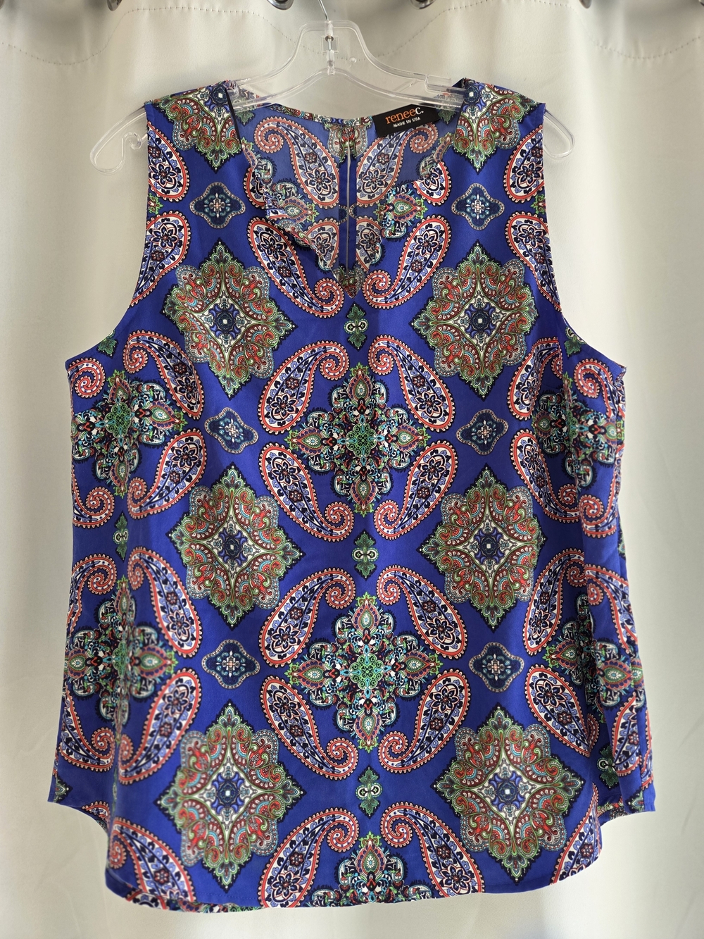 Renee C. Jory Split Neck Paisley Blouse Top Blue Multi XL